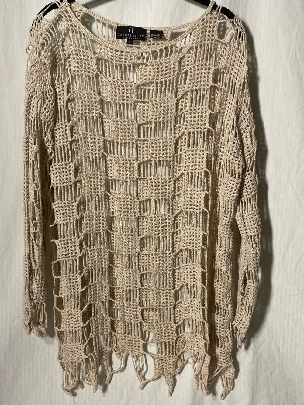 Carole Little Open-Weave Cream Crewneck Sweater pull over